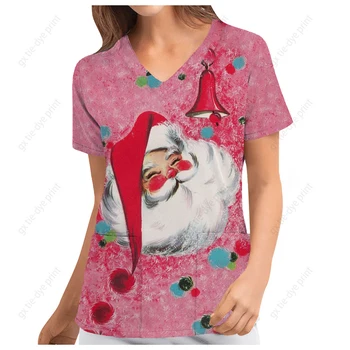 Футболки и Блузки с V-образным вырезом и карманом, Корейская Модная Женская Блузка Y2k, Рождественская футболка с принтом Санта-Клауса, Женская одежда 2000-х годов