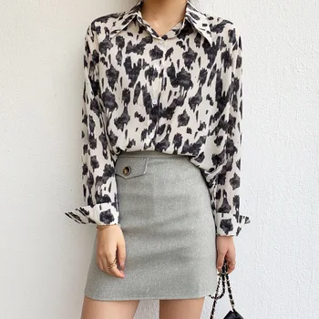 Блузка с леопардовым принтом 2023, осенне-зимняя корейская женская модная блузка
