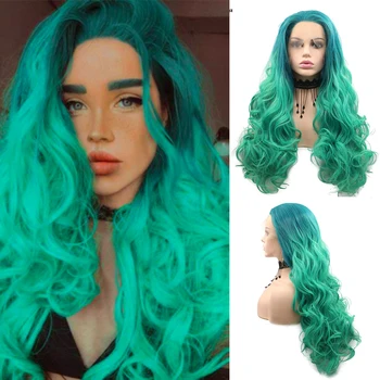Синтетический парик на кружеве Sylvia, омбре, зеленые парики для женщин, средняя часть, линия роста волос, парики для косплея из термостойкого волокна для вечеринок