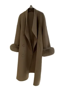 Лацкан твидового пиджака, длинные манжеты свободного кроя, меховой воротник, съемный дизайн, тепло и уютно, новинка зимы 2023 года 1111