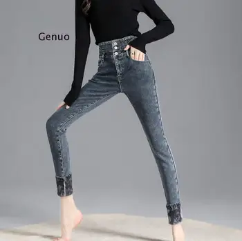 Уличная одежда, обтягивающие джинсовые брюки с высокой талией, женские теплые эластичные джинсы-карандаш, мамины вельветовые джинсы с тонкой талией.