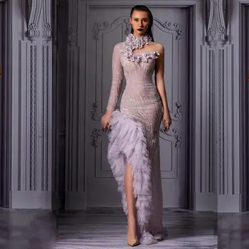 Эффектные лавандовые кружевные асимметричные длинные платья Макси с высоким воротником на одно плечо, вечерние платья с 3D цветочным рисунком