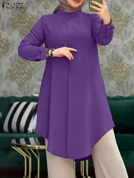 ZANZEA Винтажная элегантная стильная свободная рубашка Женская мешковатая мусульманская блузка С длинным рукавом и круглым вырезом, однотонные топы Осенняя исламская одежда