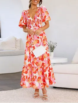 Michellecmm Женское платье с коротким рукавом в цветочек, повседневное вечернее платье трапециевидной формы с рюшами на подоле для пляжного коктейля, летняя уличная одежда