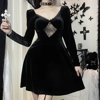 2023 Женское Черное мини-платье с длинным рукавом, Платья трапециевидной формы, Винтажная Одежда Y2k для Девочек, Одежда в Готическом стиле