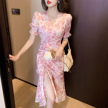 Корейское приталенное сексуальное женское платье, повседневное, с оборками, короткими рукавами, разрезом, завышенной талией, элегантная юбка со скошенной юбкой, лето