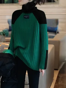 2023 Новые модные топы, женский свитер оверсайз, Женская осенне-зимняя зеленая водолазка, пуловер с длинными рукавами, Корейские модные топы
