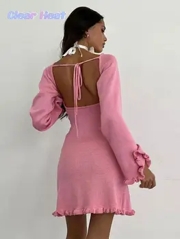 Модное однотонное мини-платье на шнуровке с открытой спиной для женщин, Элегантные Шикарные расклешенные платья с длинным рукавом 2023, Осенняя женская уличная одежда Vestido