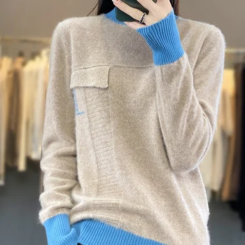 свитер из 100% чистой шерсти, женский пуловер средней высоты, свободный и универсальный свитер, вязаный свитер для похудения