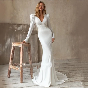Сексуальное свадебное платье в складку с V-образным вырезом 2024, винтажное платье невесты с кружевной аппликацией и длинным рукавом, элегантное платье-русалка для невесты