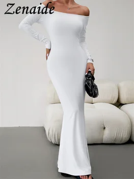 Zenaide 2023, Белое тонкое модное платье Макси, Базовое женское элегантное вечернее платье с длинным рукавом и открытыми плечами, однотонные осенние платья