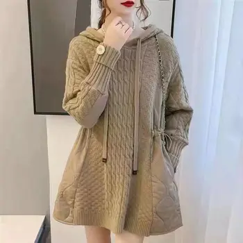 Модный женский свитер средней длины в стиле пэчворк 2023, корейский стиль, свободный трикотаж с капюшоном, женские осенне-зимние новые пуловеры с завязками