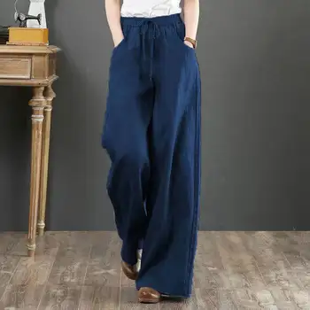 Весенне-летние Женские брюки из Корейского хлопка и конопли, свободные брюки большого размера с широкими штанинами, брюки в пол с высокой талией, прямая труба