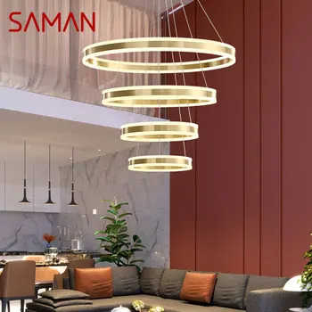 Подвесной светильник SAMAN Contemporary Ring из латуни, светодиодная 3-цветная медная люстра, декор для дома