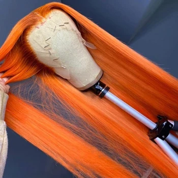 Длинный Мягкий бесклеевой 26 дюймов Имбирно Оранжевый шелковистый прямой парик из натуральных волос спереди для женщин Babyhair, предварительно выщипываемый ежедневно