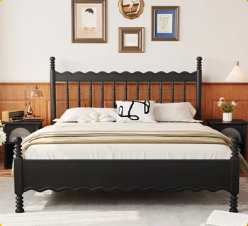 Французская Винтажная Двуспальная кровать из массива дерева, Высококачественная Черная мягкая сумка, американская мебель
