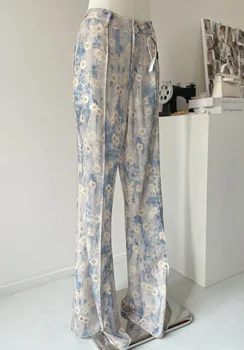 Шикарные женские синие брюки-клеш с цветочным рисунком, женская уличная одежда, высокая талия, цветы, нарисованные маслом, Длинные брюки с бахромой