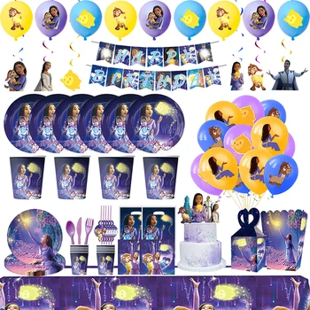 Оформление вечеринки по случаю Дня рождения Disney Wish в тематике Asha Посуда для дня рождения Бумажные тарелки Салфетки Чашки Подарочный пакет Воздушные шары Детский душ Дети