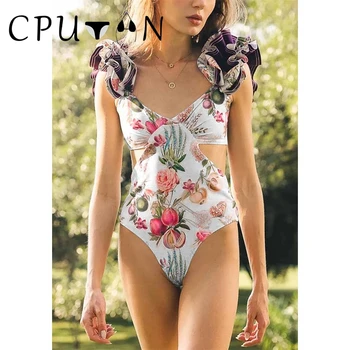CPUTAN 2024, Новый сексуальный цельный купальник с рюшами, женский купальник с высокой талией, Винтажный купальник с принтом, Монокини, Летняя пляжная одежда