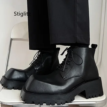 Мужские ботильоны с квадратным носком в британском стиле, женская черная кожаная рабочая обувь, нескользящие мотоциклетные ботинки с толстой подошвой, износостойкие