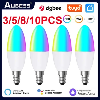Aubess Tuya E14 Smart ZigBee Свеча-Лампочка Европейские Лампочки RGB LED WW Лампа Через Smart Life Alexa Google Home Alice