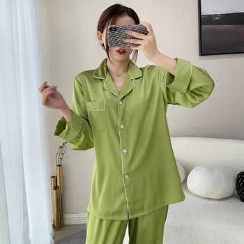 Демисезонный Новый Зеленый Атласный костюм для сна из 2 предметов, женская рубашка с отложным воротником и брюки, пижама с карманом, пижама для сна, повседневная домашняя одежда