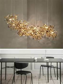 Современная скандинавская светодиодная люстра с хромированными листьями из нержавеющей стали, индивидуальность, лампа для гостиной, столовой, идеально подходящая для декора барного стола