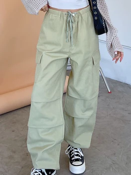 Женские однотонные мешковатые брюки-карго с завязками на талии, Джоггеры с множеством карманов, модный женский длинный комбинезон, уличная одежда