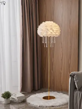 Атмосферный торшер из перьевого хрусталя LED E27 Угловой светильник для гостиной, диван, Прикроватная тумбочка в спальне