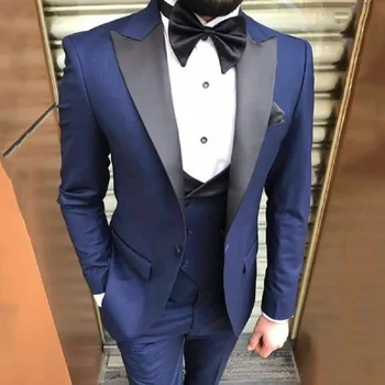 Темно-синие официальные мужские костюмы, подходящие для свадьбы, 3 предмета, смокинг для жениха, смокинг для курения, жилет с отворотом брюк, костюмы на заказ