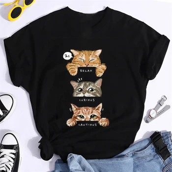 Чистое лето 2023, милая женская футболка с котом, Милая Футболка с котом и забавным рисунком, Футболка Harajuku с графическим рисунком Ulzzang, Футболка с принтом 90, Модный Топ