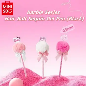 Ручка Miniso Barbie с плюшевым бантом и блестками Гелевая ручка 0,5 мм Милые канцелярские принадлежности Офисные школьные принадлежности Черные фирменные ручки Подарки для девочек