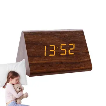 Треугольный деревянный будильник со светодиодным цифровым управлением звуком, будильник с большим дисплеем в режиме будний день / выходные, прикроватные электрические часы