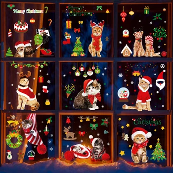 9 Листов Рождественские Наклейки На Окно Милая Собака Кошка Стеклянные Художественные Наклейки Рождественские Статические Наклейки для 2023 Navidad Party DIY Decor Supplies