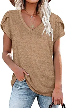 Женская футболка 2023, Весенне-летняя Модная Новая Однотонная Рубашка с V-образным вырезом и короткими рукавами, Блузка для женщин