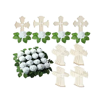 Стоящий деревянный крест Деревянные кресты для поделок с подставками 16 шт. Белые розы Искусственные цветы