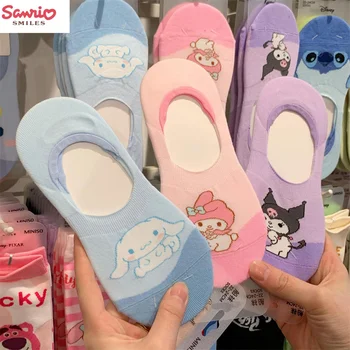 Носки серии Sanrio - Это Милые Носки Средней длины Kuromi, Универсальные Мультяшные Силиконовые Женские Тонкие Хлопчатобумажные Носки-лодочки
