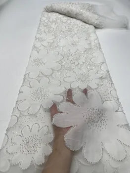 Нигерийская Роскошная сетчатая кружевная ткань из бисера 2023 Африка Высококачественное кружево ручной работы с пайетками и жемчугом для женского платья для свадебной вечеринки