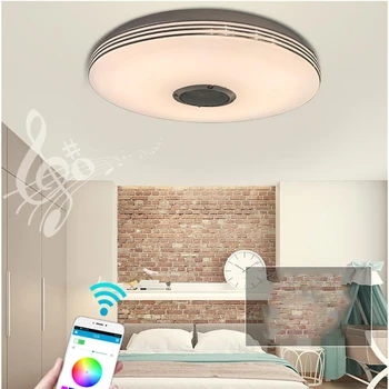 33 см, Музыкальная светодиодная потолочная лампа 110-220 В, RGB, заподлицо, круглая для Bluetooth, Музыкальное приложение, пульт дистанционного управления, Потолочный светильник