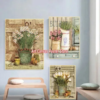 Европейские ретро плакаты и принты с растениями и цветами в горшках, Пасторальные картины на холсте, Винтажные настенные рисунки, декор комнаты