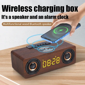 Часы для беспроводной зарядки 3 В1, Bluetooth динамик с дисплеем времени, деревянная карта, U-диск, компьютерные настольные аудиочасы, ретро-часы