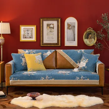 Ретро жаккардовое нескользящее полотенце для гостиной, покрывающее сиденье, Растительный цветочный чехол для скамейки, Серая Г-образная подушка для углового дивана в американском стиле
