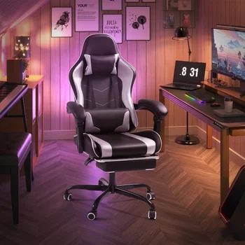 Массажное игровое кресло из искусственной кожи Lacoo, эргономичное геймерское кресло, регулируемое по высоте компьютерное кресло с подставкой для ног и