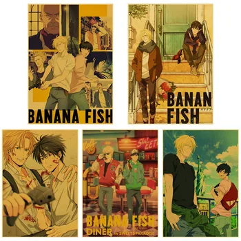 Классические плакаты из крафт-бумаги в стиле аниме в ретро-стиле, мультяшный принт для украшения комнаты, кафе, дома, винтажный плакат с рыбкой-бананом