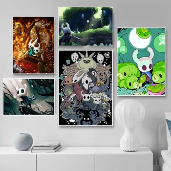 Холщовые плакаты Hollow Knight, Винтажные картины, настенные плакаты, декор для дома в стиле аниме, живопись для видеоигр, плакаты для детских аниме-игр
