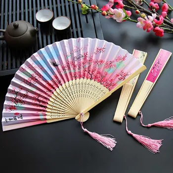 Китайский Японский складной веер с деревянным хвостовиком, веер для классических танцев, Высококачественная элегантная женская веерка с кисточками