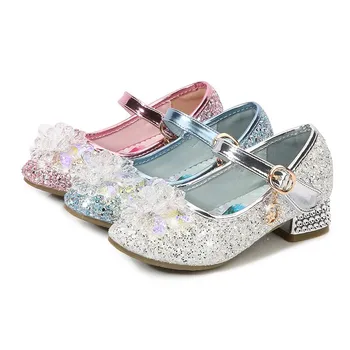 Замороженные туфли принцессы Эльзы для девочек из кожи с кристаллами, блестящие повседневные босоножки для девочек на высоких каблуках, Розовые, синие, серебряные туфли Эльзы
